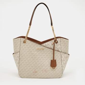 Pre Owned Michael Kors White/Brown Signature Coated Canvas and Leather Large Jet Set Travel Chain Bag