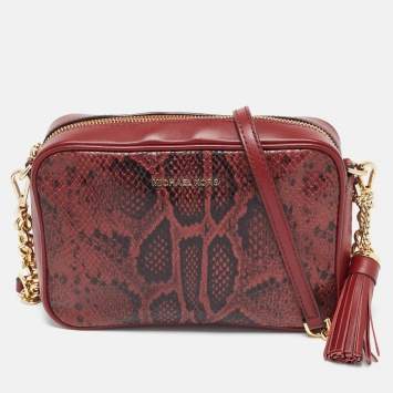 Pre Owned Michael Kors Red  Python Embossed and Leather Jet Set Tassel Camera Bag