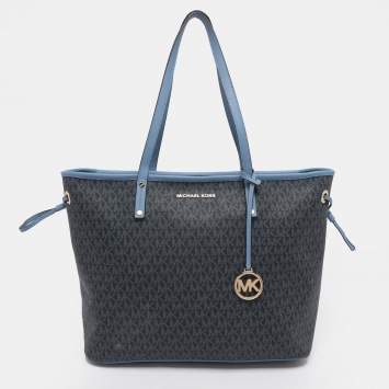 Pre Owned Michael Kors Blue Signature Coated Canvas and Leather Jet Set Travel Tote