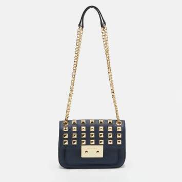 Pre Owned Michael Kors Studded Sloan Navy Blue Leather Shoulder Bag