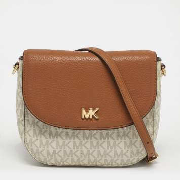 Pre Owned Michael Kors Mott Brown/White Signature Coated Canvas and Leather Crossbody Bag