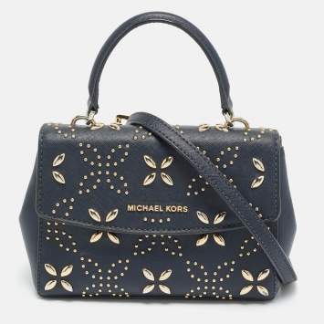Pre Owned Michael Kors Studded Ava Extra Small Navy Blue Leather Top Handle Bag