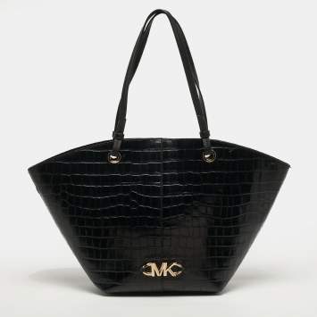 Pre Owned Michael Kors Izzy Black Croc Embossed Leather Tote