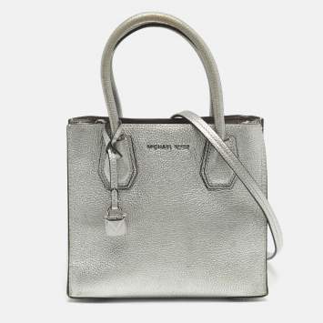 Pre Owned Michael Kors Mercer Small Silver Leather Tote