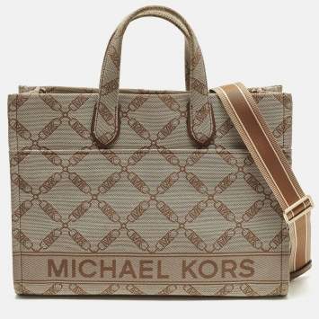 Pre Owned Michael Kors GIgi Large Beige/Brown Logo Jacquard Canvas Tote