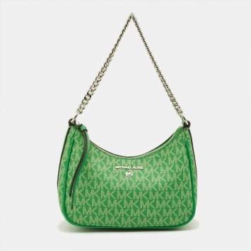 مملوكة مسبقًا Michael Kors Jet Set Green Signature Coated Canvas Chain Pochette
