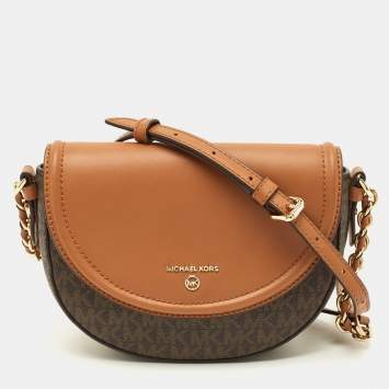 Pre Owned Michael Kors Jet Set Charm Half Dome Brown/Tan Signature Coated Canvas and Leather Crossbody Bag