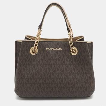 Pre Owned Michael Kors Teagen Small Brown Signature Coated Canvas Satchel