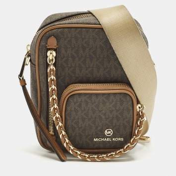 Pre Owned Michael Kors Elliot Small Brown Signature Coated Canvas Crossbody Bag