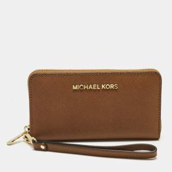 مملوكة مسبقًا Michael Kors Jet Set Multifunction Phone Wristlet Brown Leather Wallet