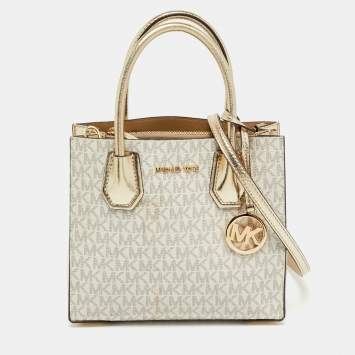 Pre Owned حقيبة مايكل كورس ميرسر صغيرة قماش مزخرف ذهبي/أبيض