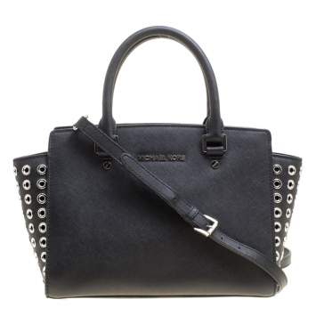 Pre Owned Michael Michael Kors Black Leather Medium Selma Eyelet Top Handle Bag