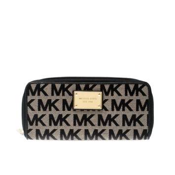 Pre Owned Michael Kors Black Signature Canvas Zip Around Wallet