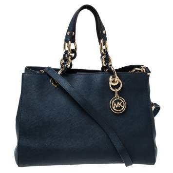 Pre Owned MICHAEL Michael Kors Navy Blue Leather Medium Cynthia Tote