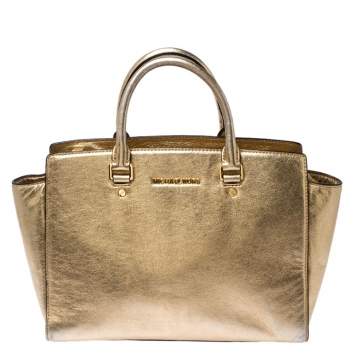 Pre Owned MICHAEL Michael Kors Gold Metallic Leather Medium Selma Tote