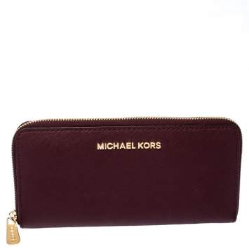 Pre Owned Michael Kors Burgundy Saffiano Leather Zip Around Wallet
