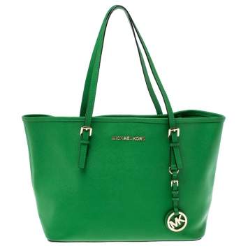 Pre Owned Michael Kors Green Saffiano Leather Jet Set Travel Tote