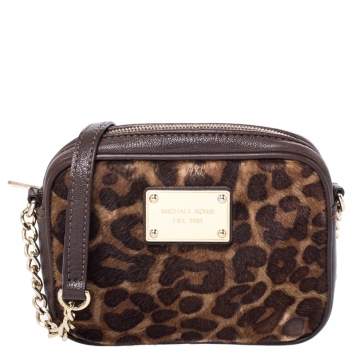 Pre Owned Michael Kors Leopard Print Calf Hair Ginny Camera Crossbody