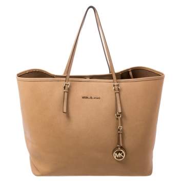 Pre Owned Michael Kors Tan Saffiano Leather Jet Set Tote