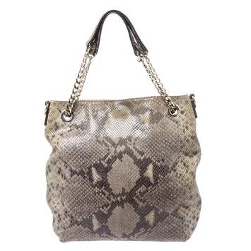 Pre Owned Michael Kors Green/Black Python Embossed Suede Chain Tote