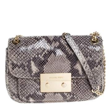 Pre Owned Michael Kors Grey Python Embossed Leather Turnlock Crossbody Bag