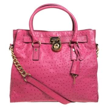Pre Owned MICHAEL Michael Kors Pink Ostrich Embossed Leather Large Hamilton North South Tote