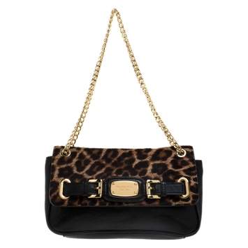 Pre Owned MICHAEL Michael Kors Black Leopard Print Calfhair and Leather Buckle Flap Shoulder Bag