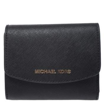 Pre Owned Michael Kors Black Leather Short Jet Set Trifold Wallet