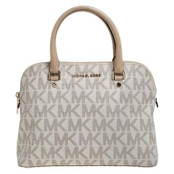 Pre Owned MICHAEL Michael Kors Beige Signature Coated Canvas Cindy Dome Satchel