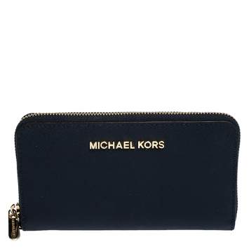 Pre Owned Michael Kors Blue Leather Zip Around Wristlet Wallet