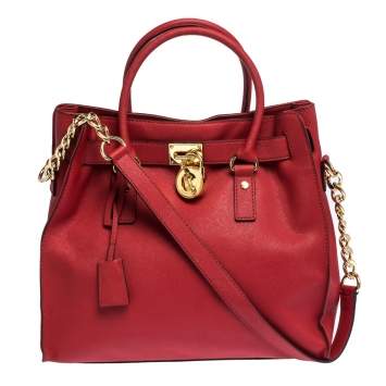 Pre Owned MICHAEL Michael Kors Red Leather Large Hamilton North South Tote