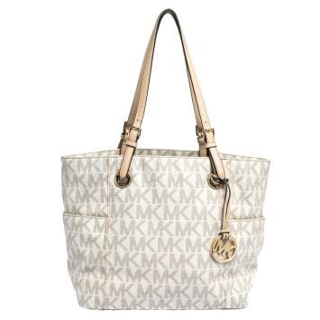 Pre Owned MICHAEL Michael Kors Off White/Beige Signature Coated Canvas and Leather Jet Set East West Tote