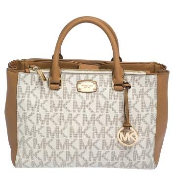Pre Owned MICHAEL Michael Kors Beige/Tan Monogram Coated Canvas and Leather Tote