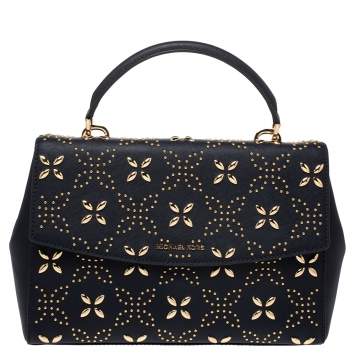 Pre Owned Michael Kors Navy Blue Studded Leather Medium Ava Top Handle Bag
