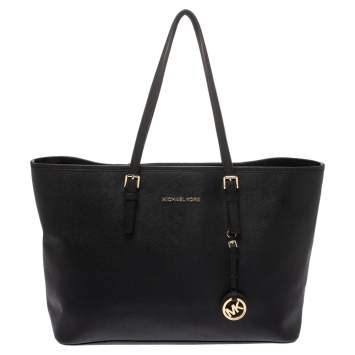 Pre Owned Michael Kors Black Leather Large Jet Set Travel Tote