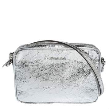 Pre Owned Michael Kors Silver Crinkled Patent Leather East West Crossbody Bag
