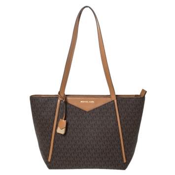 Pre Owned Michael Kors Brown Signature Coated Canvas and Leather Whitney Logo Tote