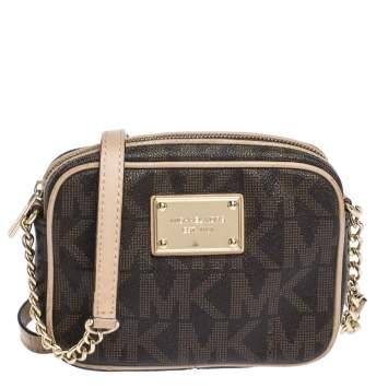 Pre Owned Michael Kors Dark Brown/Beige Signature Coated Canvas and Leather Mini Camera Crossbody Bag