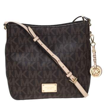 Pre Owned Michael Michael Kors Brown Coated Canvas and Leather Jet Set Travel Messenger Bag