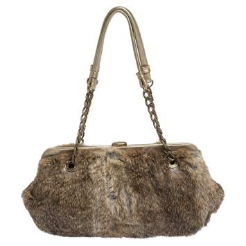 Pre Owned MICHAEL Michael Kors Light Brown Fox Fur and Leather Frame Chain Shoulder Bag