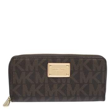 Pre Owned Michael Kors Brown Signature Coated Canvas  Zip Around Wallet