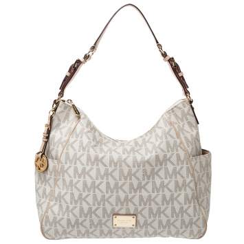 Pre Owned MICHAEL Michael Kors Off White/Beige Signature Coated Canvas and Leather Jet Set Shoulder Bag