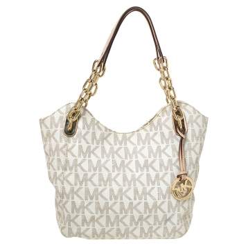 Pre Owned MICHAEL Michael Kors Cream Coated Canvas and Leather Jet Set Travel Chain Shoulder Bag