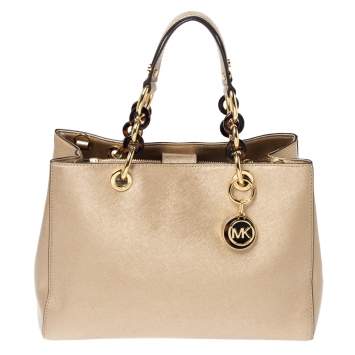 Pre Owned MICHAEL Michael Kors Metallic Gold Leather Medium Cynthia Tote