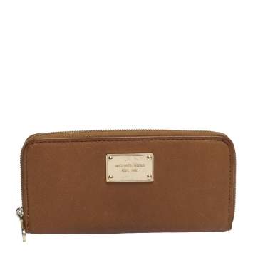 Pre Owned Michael Kors Brown Leather Jet Set Zip Around Wallet