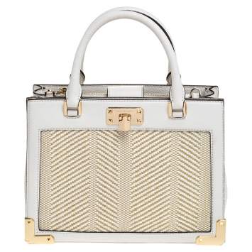 Pre Owned Michael Kors White Leather and Straw Medium Kinsley Accordion Tote