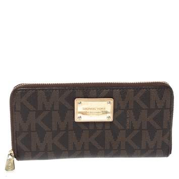 Pre Owned Michael Kors Brown Signature Coated Canvas Zip Around Wallet