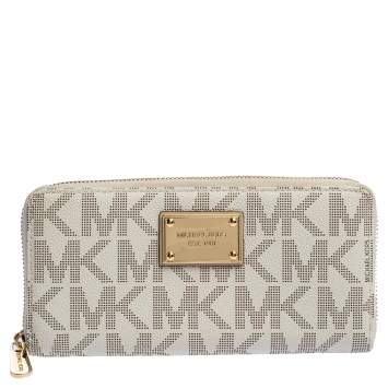 Pre Owned Michael Kors White Monogram Coated Canvas Zip Around Wallet