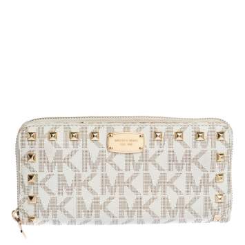 Pre Owned Michael Kors White Signature Coated Canvas Studded Zip Around Continental Wallet