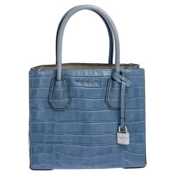 Pre Owned Michael Kors Blue Croc Embossed Leather Mini Mercer Convertible Tote